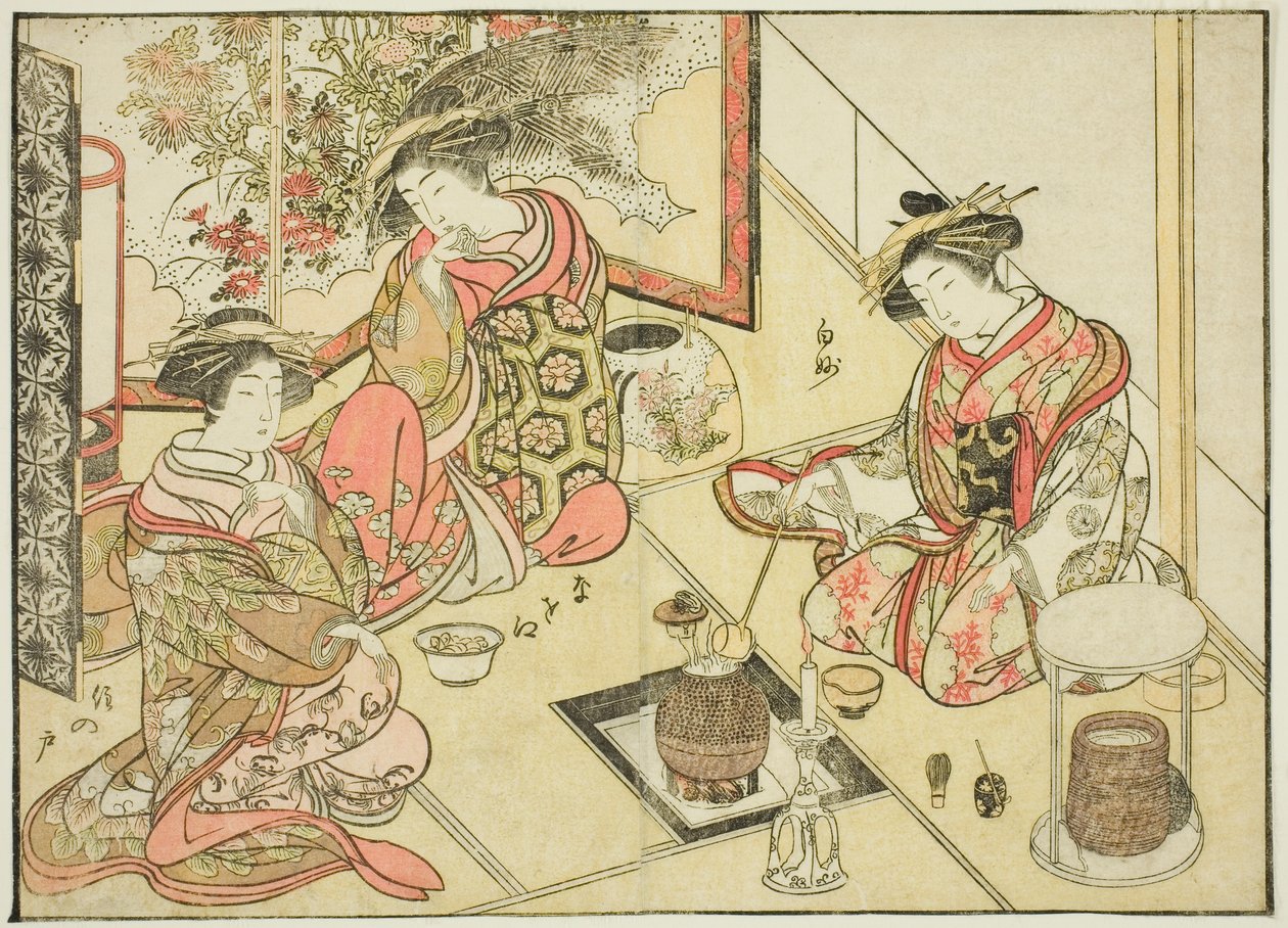 Okaneyan kurtisaanit, kirjasta "Mirror of Beautiful Women of the Pleasure Quarters (Seiro bijin awase sugata kagami)," voi. 2 tekijältä Katsukawa Shunsho
