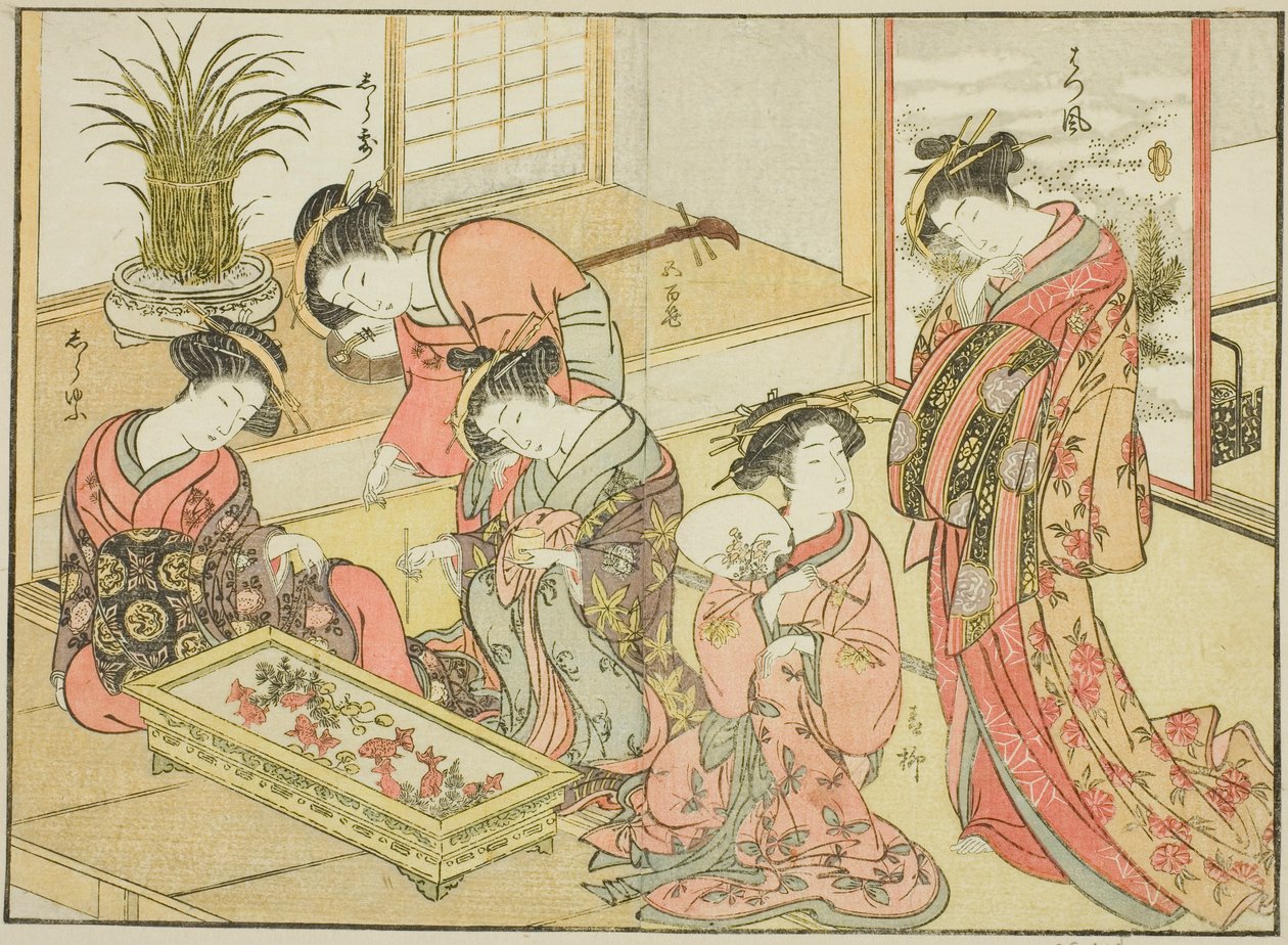 Wakanayan kurtisaanit kirjasta "Mirror of Beautiful Women of the Pleasure Quarters (Seiro bijin awase sugata kagami)," voi. 1 tekijältä Katsukawa Shunsho