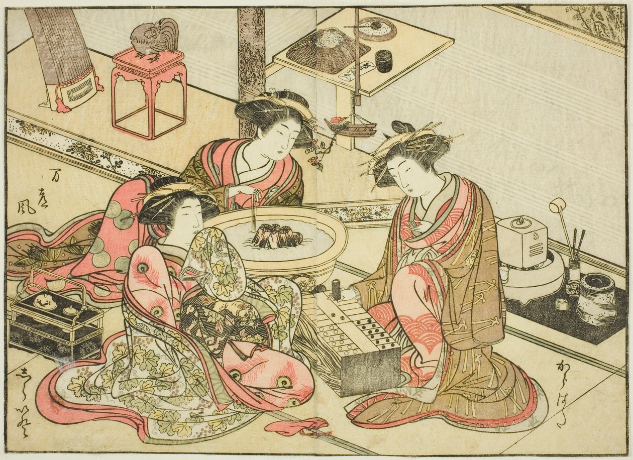Yamashiroyan kurtisaanit, kirjasta "Mirror of Beautiful Women of the Pleasure Quarters (Seiro bijin awase sugata kagami)," voi. 2 tekijältä Katsukawa Shunsho