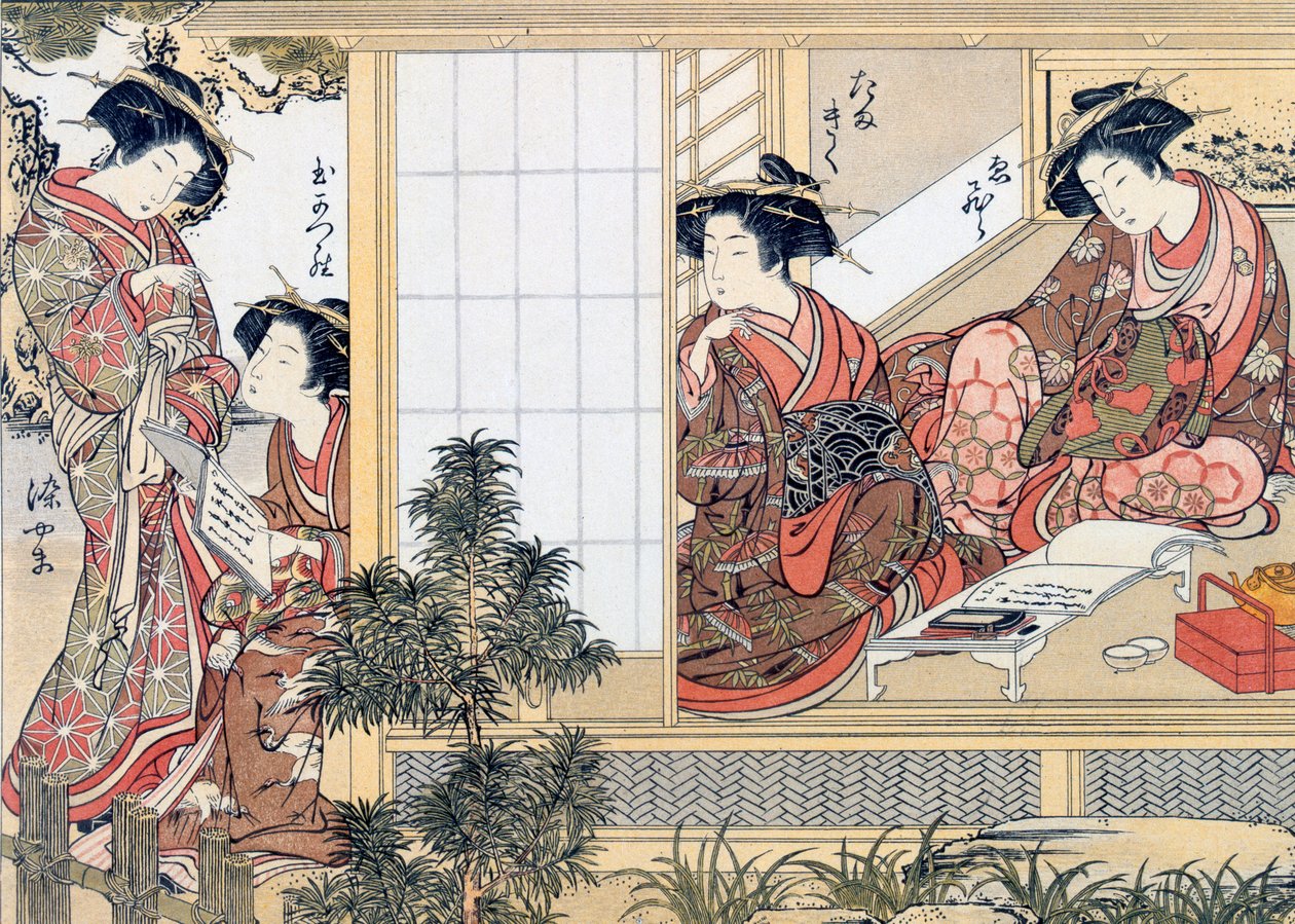 Naispuoliset japanilaiset kurtisaanit lukevat ja kirjoittavat, c1776. tekijältä Katsukawa Shunsho