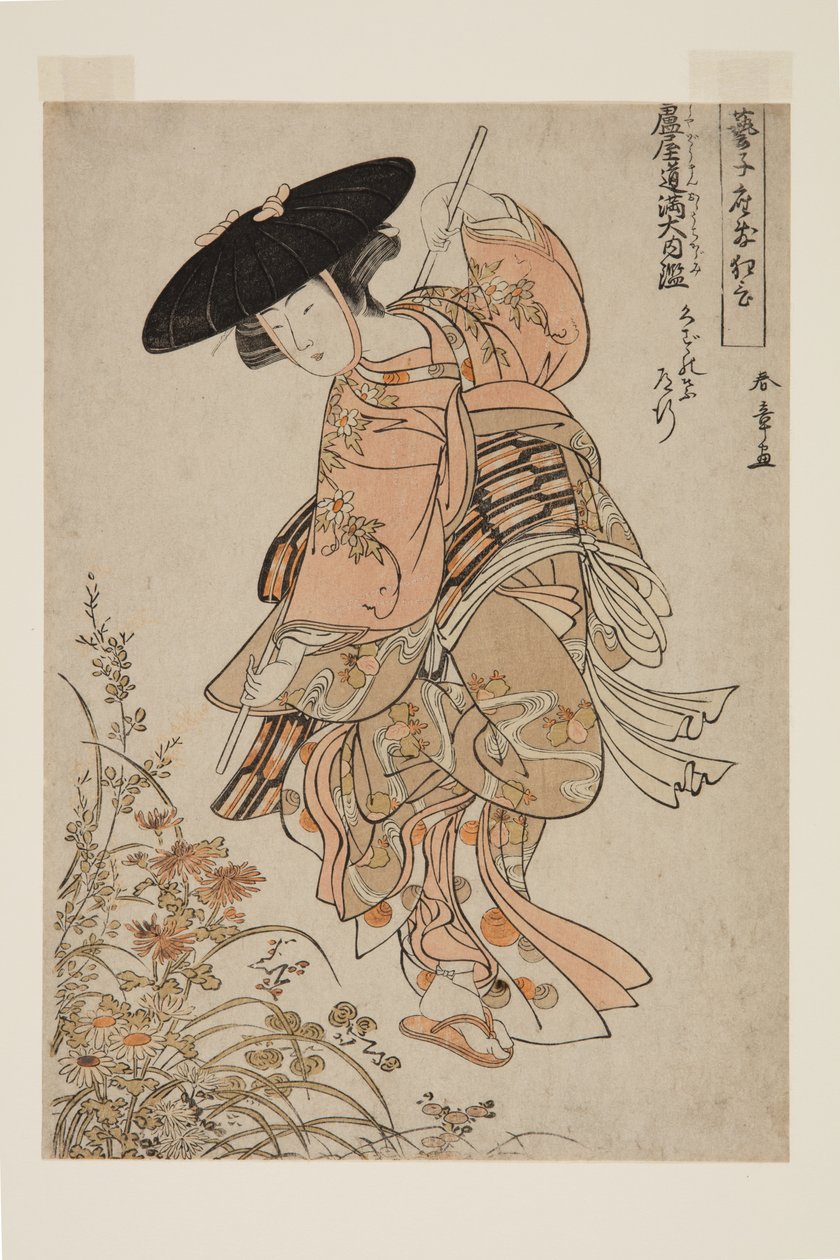Geiko pelaa Ashiya D?man ?uchi Kagamia (värillinen puupalikkaprintti) tekijältä Katsukawa Shunsho