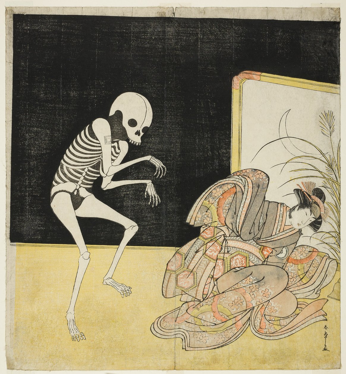 Ichikawa Danjūrō V luurankona, luopiomunkki Seigenin henki, ja Iwai Hanshirō IV kirsikkaprinsessana, elokuvassa "Edon kukka: An Ichikawa Saga" (Edo no Hana Mimasu Soga). tekijältä Katsukawa Shunsho