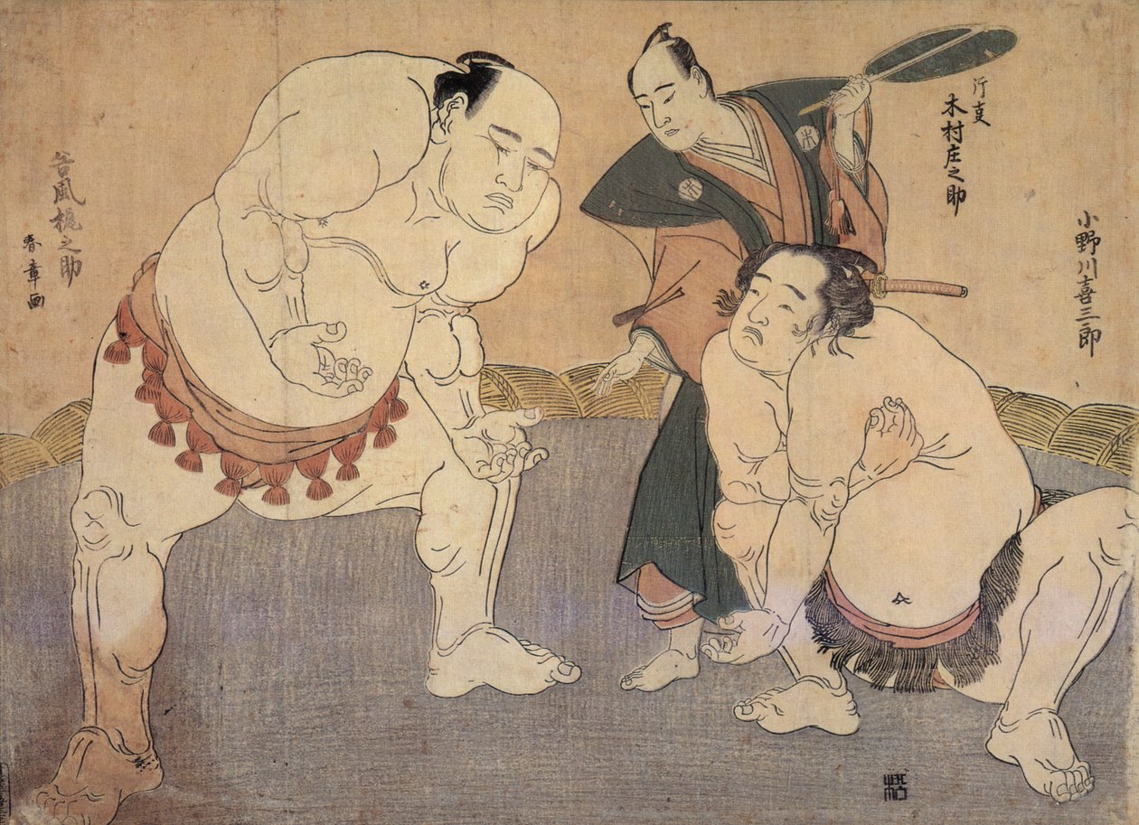 Onagawa Kisaburo ja Tanikaze Kajinosuke suorittavat Shirikin Dohyossa, tuomarina Kimura Shonosuke. tekijältä Katsukawa Shunsho