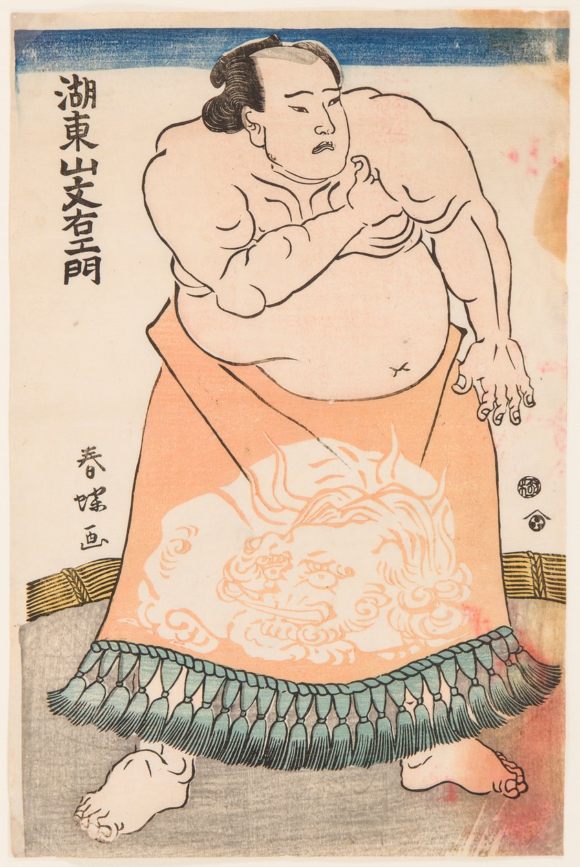 Muotokuva sumopainijasta Kotozanista rituaaliesiliinalla. Shunsho, Katsukawa (1726-1793), noin 1775 - painija Kotozan esiliinassa (kesho-mawashi), Shunsho, Katsukawa (1726-1793). Värillinen puupiirros, n. 1775. Koko: 34,5x22,5 cm. tekijältä Katsukawa Shunsho