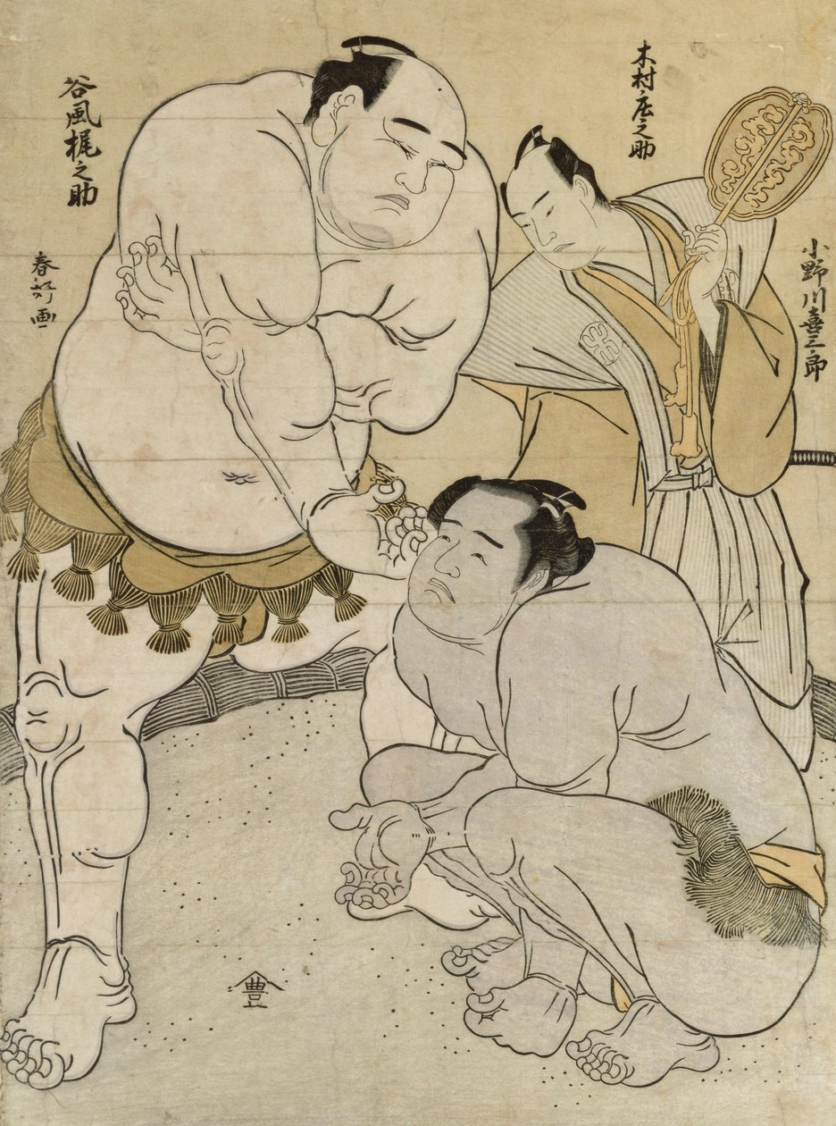 Onagawa Uki Saburo -luonnoksen valmisteleminen Tanikaze Kajinosuke, erotuomari Kimura Shosuke tekijältä Katsukawa Shunsho