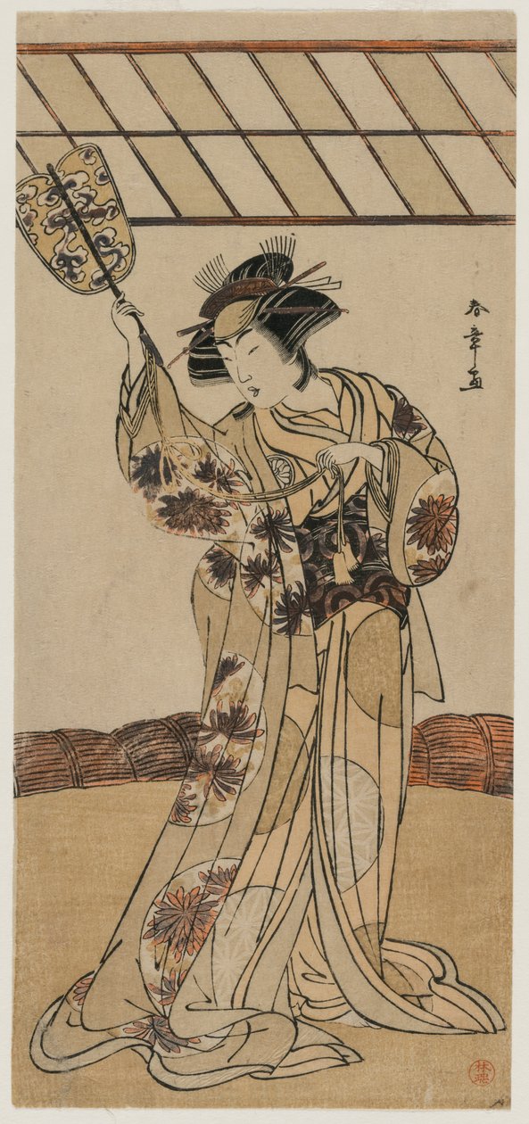Segawa Kikunojo II painiottelun erotuomarina, n. 1770-luvun lopulla. tekijältä Katsukawa Shunsho