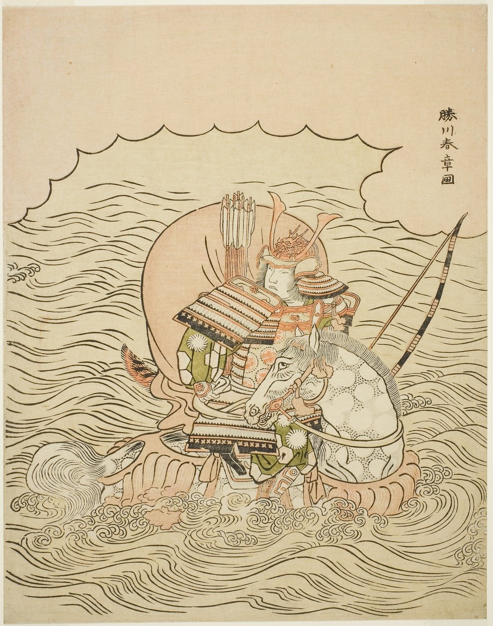 Taira no Atsumori Ratsastaa hevosella mereen, n.1770 (värillinen puupainatus; chuban) tekijältä Katsukawa Shunsho