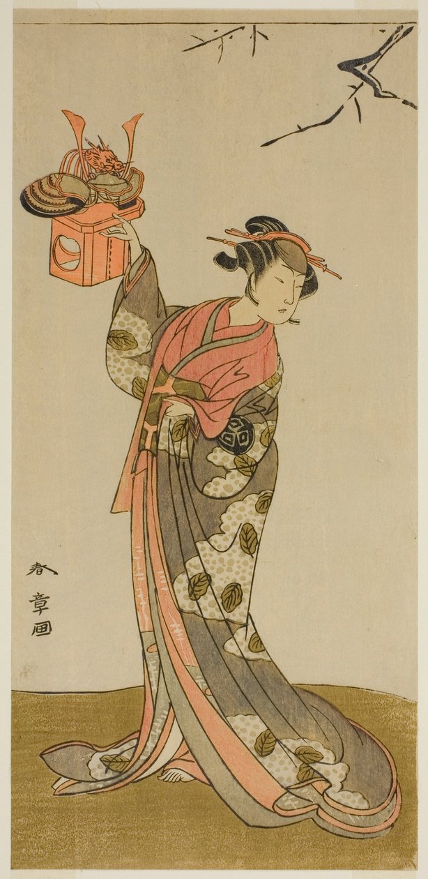 Näyttelijä Arashi Hinaji I Hananoina näytelmässä Gosho-zakura Horikawa Youchi, esitettiin Ichimura-teatterissa neljännessä kuukaudessa, 1773 tekijältä Katsukawa Shunsho