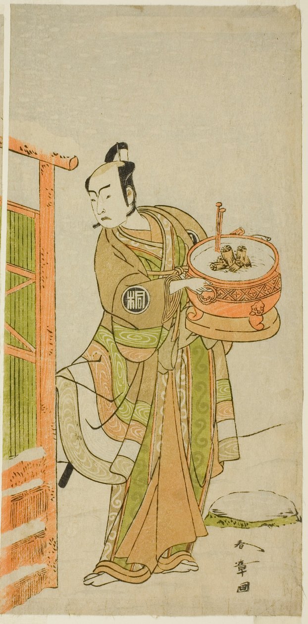 Näyttelijä Arashi Sangoro II Ito Kuron roolissa Bantaksi naamioitunut näytelmässä Izu-goyomi Shibai no Ganjitsu, esitettiin Morita-teatterissa yhdestoista kuukaudessa, 1772 tekijältä Katsukawa Shunsho