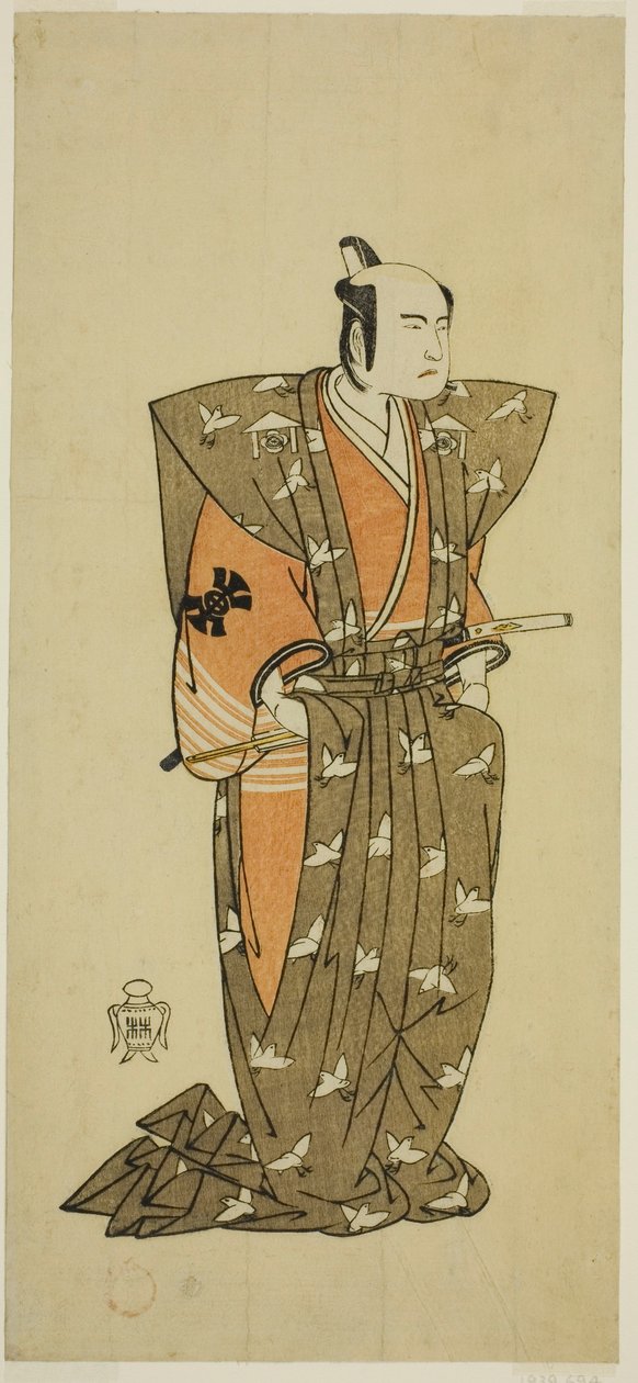 Näyttelijä Bando Mitsugoro I Soga no Juro Sukenari (?) näytelmässä Shuen Soga Omugaeshi (?), joka esitettiin Ichimura-teatterissa (?) toisessa kuussa, 1768 (?) tekijältä Katsukawa Shunsho
