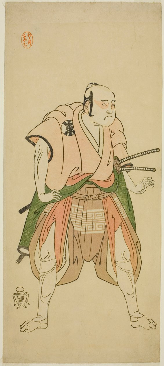Näyttelijä Bando Sampachi I Yawata no Saburona (?) näytelmässä Shuen Soga Omugaeshi (?), joka esitettiin Ichimura-teatterissa (?) toisessa kuussa, 1768 (?) tekijältä Katsukawa Shunsho