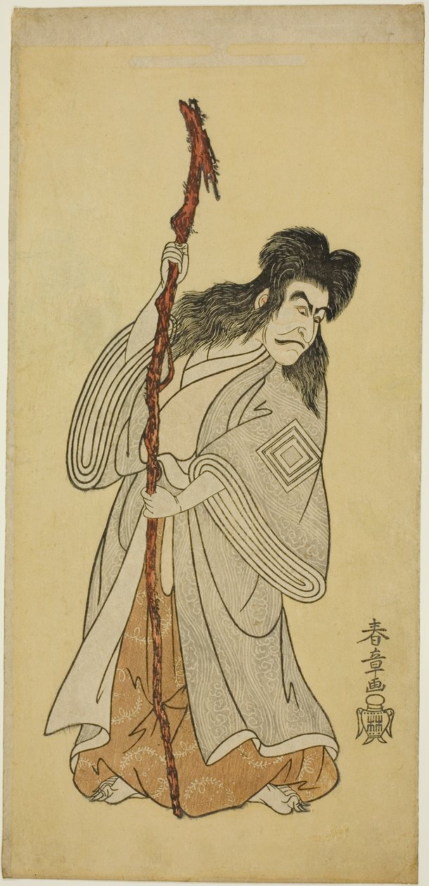 Näyttelijä Ichikawa Danjuro IV mahdollisesti Tenjiku Tokubeina näytelmässä "Tenjiku Tokubei kääntää ruorin kohti kotia (Tenjiku Tokubei Kokyo no Torikaji)," esitettiin Nakamura-teatterissa kahdeksantena kuukautena vuonna 1768. tekijältä Katsukawa Shunsho
