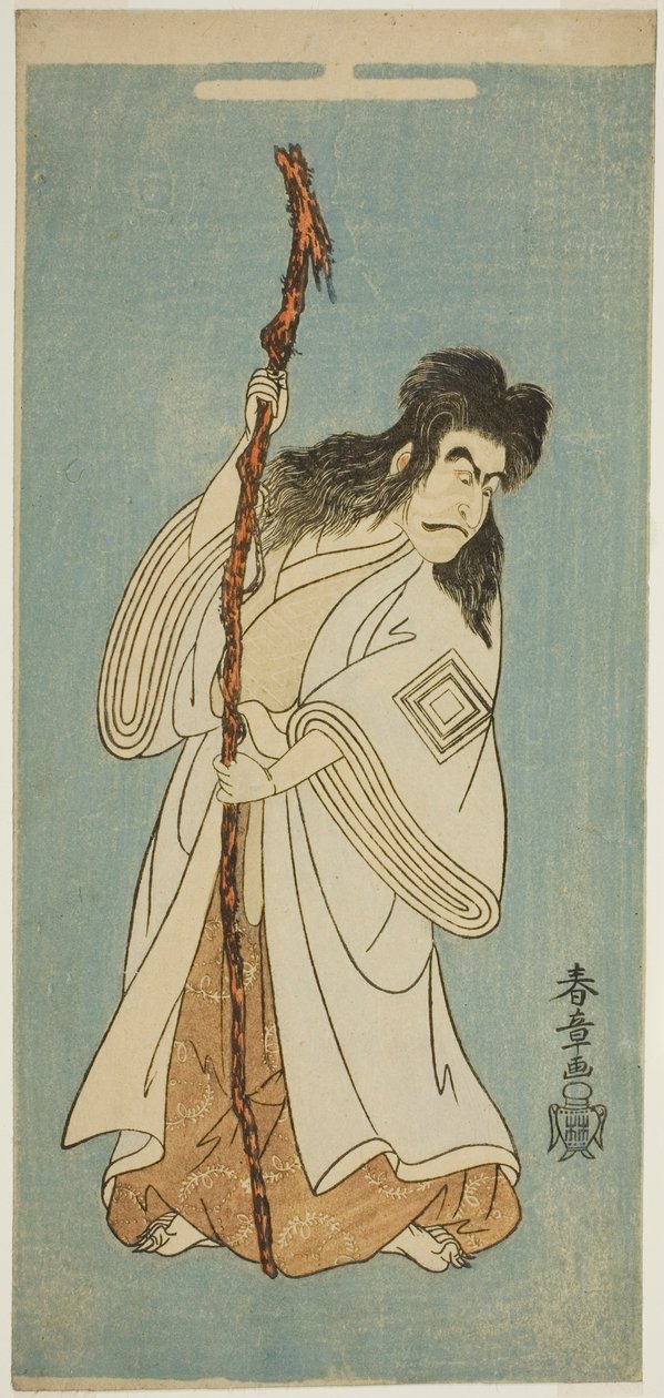 Näyttelijä Ichikawa Danjuro IV mahdollisesti Tenjiku Tokubeina näytelmässä "Tenjiku Tokubei kääntää ruorin kohti kotia (Tenjiku Tokubei Kokyo no Torikaji)," esitettiin Nakamura-teatterissa kahdeksannessa kuussa 1768. tekijältä Katsukawa Shunsho