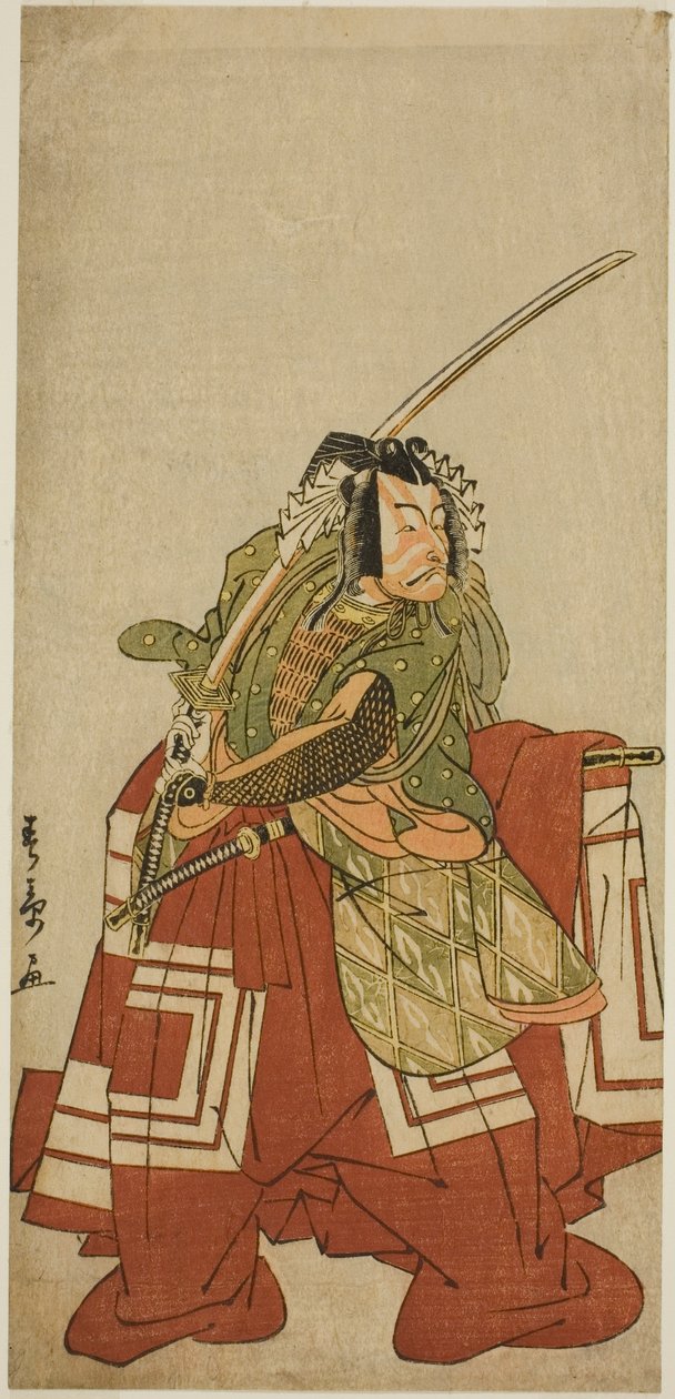 Näyttelijä Ichikawa Danjuro V Arakawa Tarona näytelmäpäivämäärässä Nishiki Tsui no Yumitori, esitettiin Morita-teatterissa yhdestoista kuukaudessa, 1778 tekijältä Katsukawa Shunsho