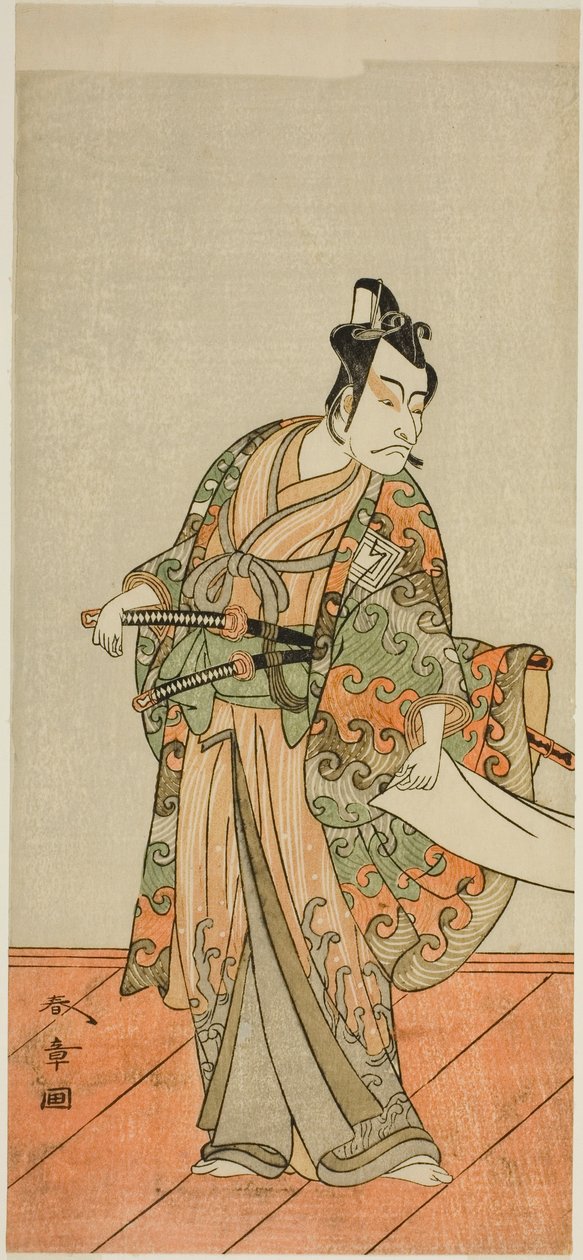 Näyttelijä Ichikawa Danjuro V Kudo Kanaishina (?) näytelmässä Izu-goyomi Shibai no Ganjitsu (?), joka esitettiin Morita-teatterissa (?) yhdestoista kuukaudessa, 1772 (?) tekijältä Katsukawa Shunsho