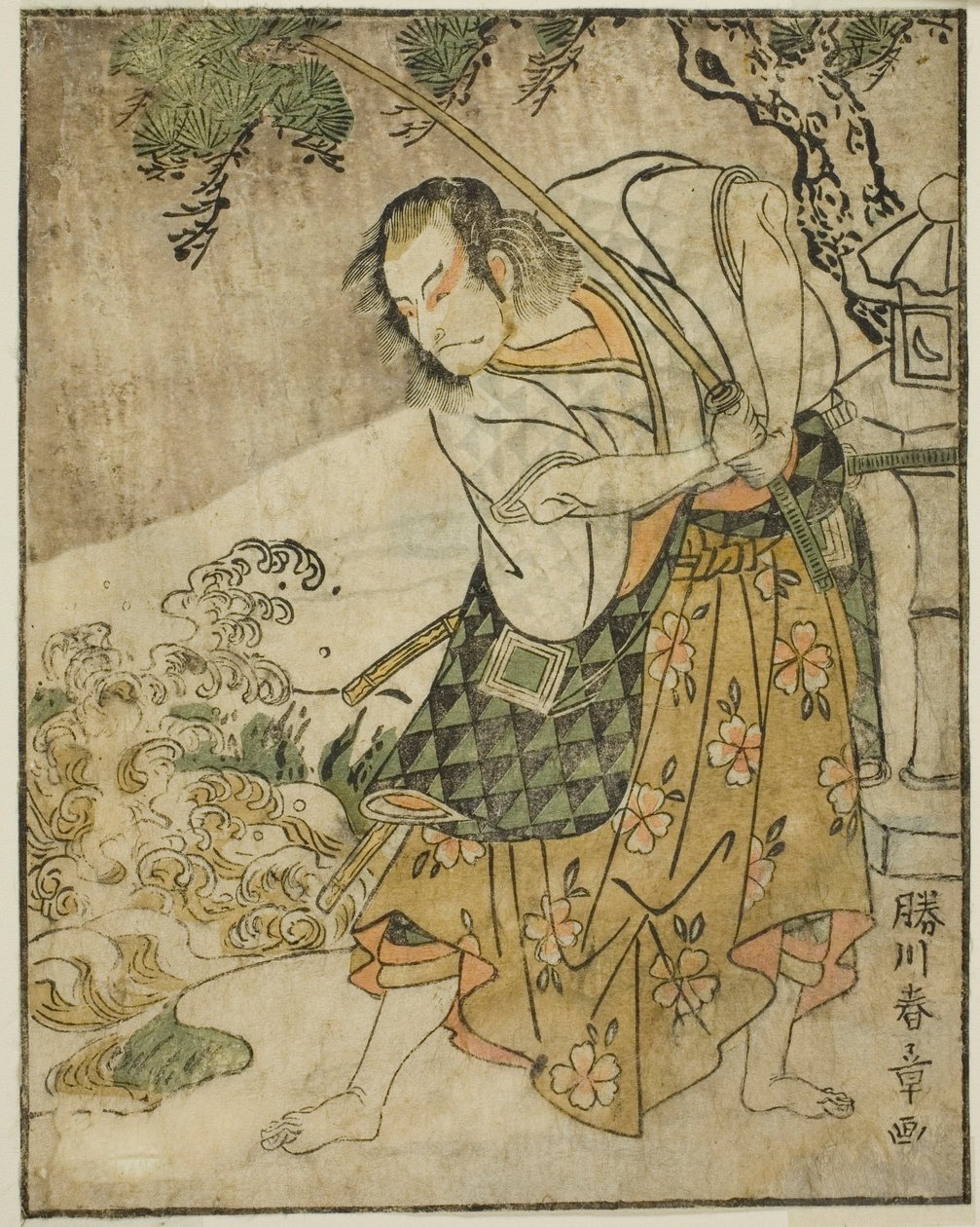 Näyttelijä Ichikawa Danjuro V Ogata no Sabura (?) näytelmässä Nue no Mori Ichiyo no Mato, esitettiin Nakamura-teatterissa yhdestoista kuukaudessa, 1770 tekijältä Katsukawa Shunsho