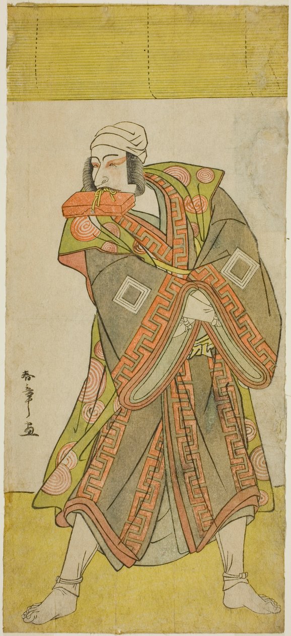 Näyttelijä Ichikawa Danjuro vs Prinssi Koretaka Kuriiri Izutsu Chujiksi naamioitunut näytelmässä Yamato Kano Ariwara Keizu, joka esitettiin Nakamura-teatterissa viidentenä kuukautena, tekijältä Katsukawa Shunsho