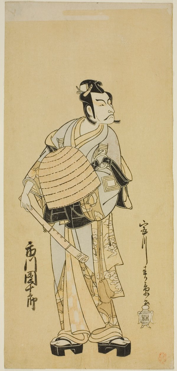 Näyttelijä Ichikawa Danjuro V: Soga no Goro naamioitunut Komusoksi näytelmässä Sakai-cho Soga Nendaiki, esitettiin Nakamura-teatterissa ensimmäisenä kuukautena, 1771 tekijältä Katsukawa Shunsho