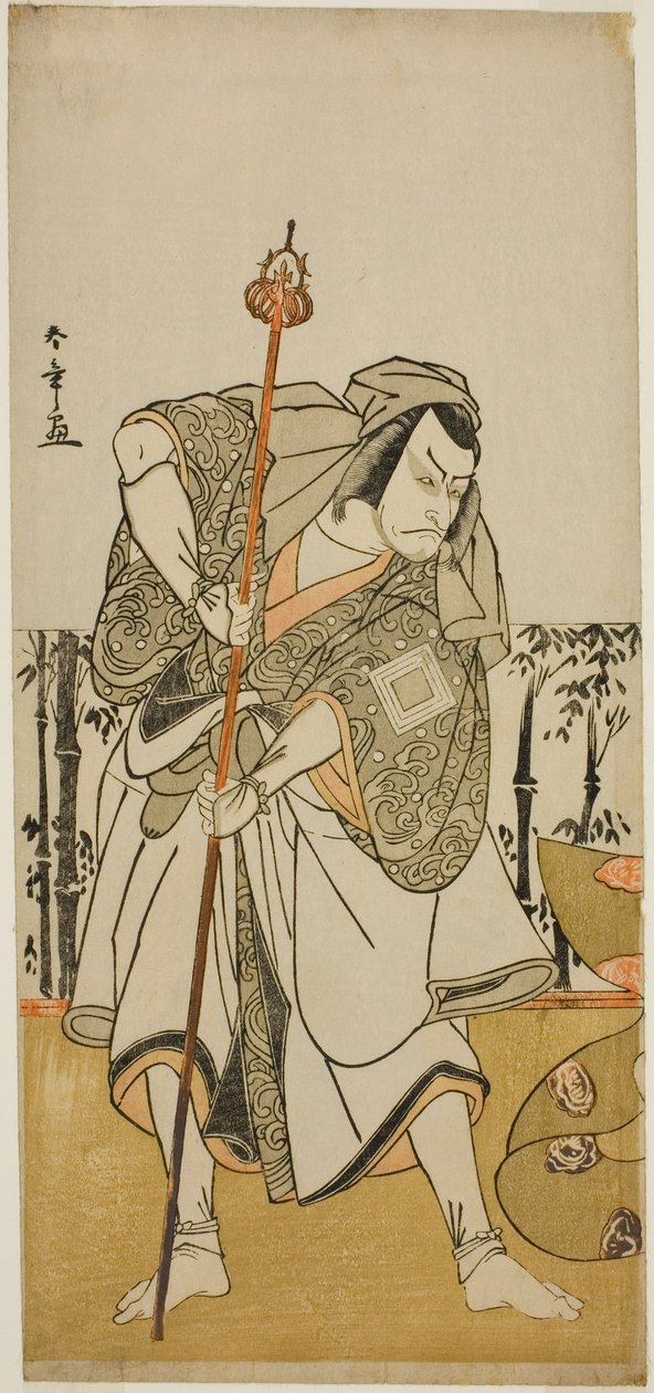 Pilgrim Junjoksi naamioitu näyttelijä Ichikawa Danjuro vs Taira no Masakado näytelmässä Masakado Kammuri no Hatsuyuki, joka esitettiin Nakamura-teatterissa yhdestoista kuukaudessa, tekijältä Katsukawa Shunsho