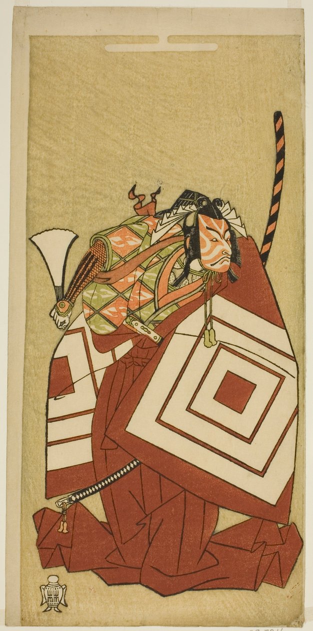 Näyttelijä Ichikawa Danjuro V Watanabe Kiou Takiguchin roolissa näytelmässä Nue no Mori Ichiyo no Mato, esitettiin Nakamura-teatterissa yhdestoista kuukaudessa, 1770 tekijältä Katsukawa Shunsho