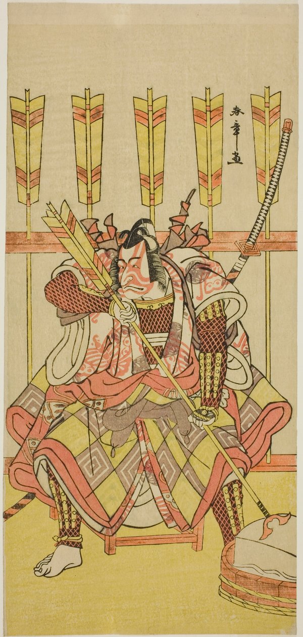 Näyttelijä Ichikawa Danjuro V Yanone Gorona näytelmässä Kuruwa-gayoi Komachi Soga, esitettiin Nakamura-teatterissa viidennessä kuussa, 1781 tekijältä Katsukawa Shunsho
