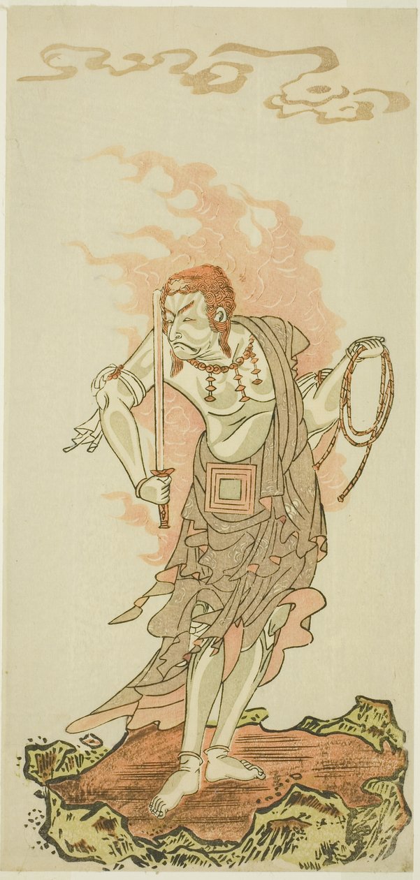 Näyttelijä Ichikawa Danjuro V buddhalaisena jumaluus Fudona näytelmän Fuki Kaete Tsuki mo Yoshiwara (uusitettu katto: Kuu paistaa myös Yoshiwaran huvialueen yllä) ensimmäisen osan viimeisessä kohtauksessa Morita-teatterissa alusta alkaen tekijältä Katsukawa Shunsho