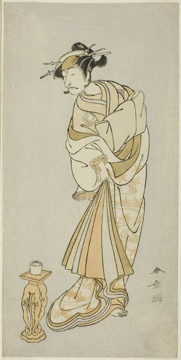 Näyttelijä Ichikawa Danjuro V munkki Seigenin hengen roolissa Shosagoto-tanssisarjassa "Sono Utsushi-e Matsu ni Kaede" (Varjokuva männystä ja vaahterasta), Keisei Momiji no Uchikake -näytelmän toisen osan viimeisessä kohtauksessa. Courtesaani ylikimonossa tekijältä Katsukawa Shunsho