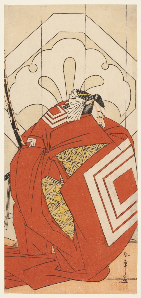 Näyttelijä Ichikawa Danjuro V "Shibaraku"-roolissa, luultavasti Kato Hyoeisa Shigemitsu, näytelmän Masakado Kammuri no Hatsuyuki (Ensimmäinen lumi Taira no Masakadon hovin päähineessä) kolmannessa kohtauksessa, joka esitettiin Nakamura-teatterissa yhdestoi tekijältä Katsukawa Shunsho