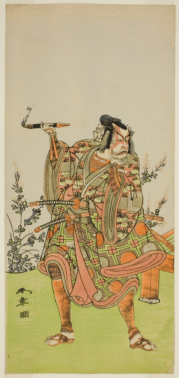 Näyttelijä Ichikawa Danzaburo II Usui no Sadamitsuna (?) näytelmässä Edo Katagi Hikeya Tsunasaka (?), joka esitettiin Ichimura-teatterissa (?) yhdestoista kuukaudessa, 1772 (?) tekijältä Katsukawa Shunsho
