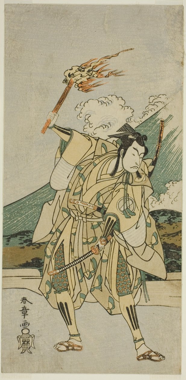 Näyttelijä Ichikawa Monnosuke II Soga no Goro Tokimunena näytelmässä Haru wa Soga Akebono-zoshi (?), joka esitettiin Nakamura-teatterissa (?) ensimmäisenä kuukautena, 1772 (?) tekijältä Katsukawa Shunsho