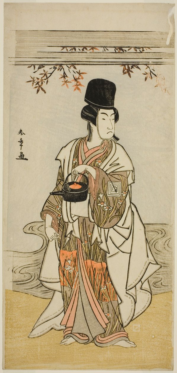 Näyttelijä Ichikawa Monnosuke II hovin palvelijana Shoheida Sadamorina näytelmässä Masakado Kammuri no Hatsuyuki, esitettiin Nakamura-teatterissa yhdestoista kuukaudessa, 1777 tekijältä Katsukawa Shunsho