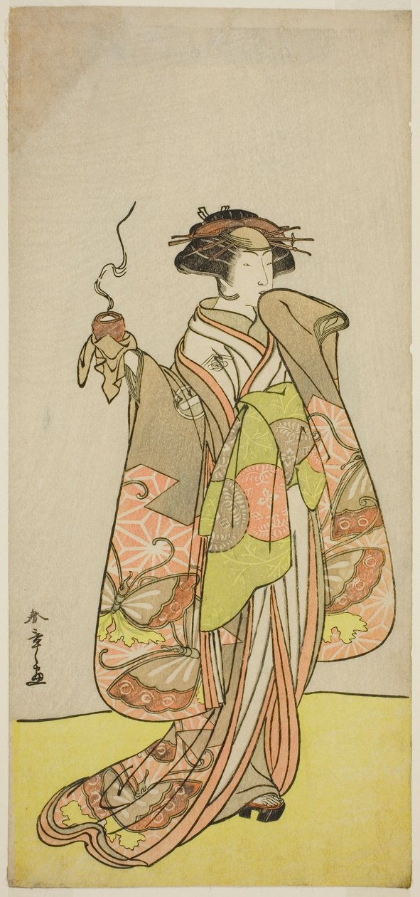 Näyttelijä Ichikawa Monnosuke II kurtisaani Kewaizaka no Shoshoa näytelmässä Sono Kyodai Fuji no Sugatami, esitettiin Morita-teatterissa ensimmäisenä kuukautena, 1776 tekijältä Katsukawa Shunsho