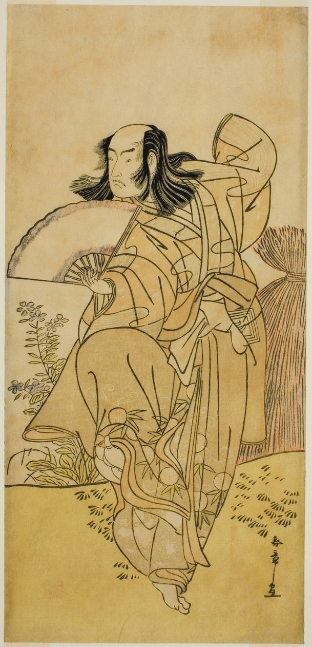 Näyttelijä Ichikawa Yaozo III Kusunoki Uraminosukena naamioitunut urosketuksi Tsukamotosta (?), näytelmässä Kumoi no Hana Yoshino no Wakamusha (?), esitetty Nakamura-teatterissa (?) yhdestoista kuukaudessa, 1786 (?) tekijältä Katsukawa Shunsho