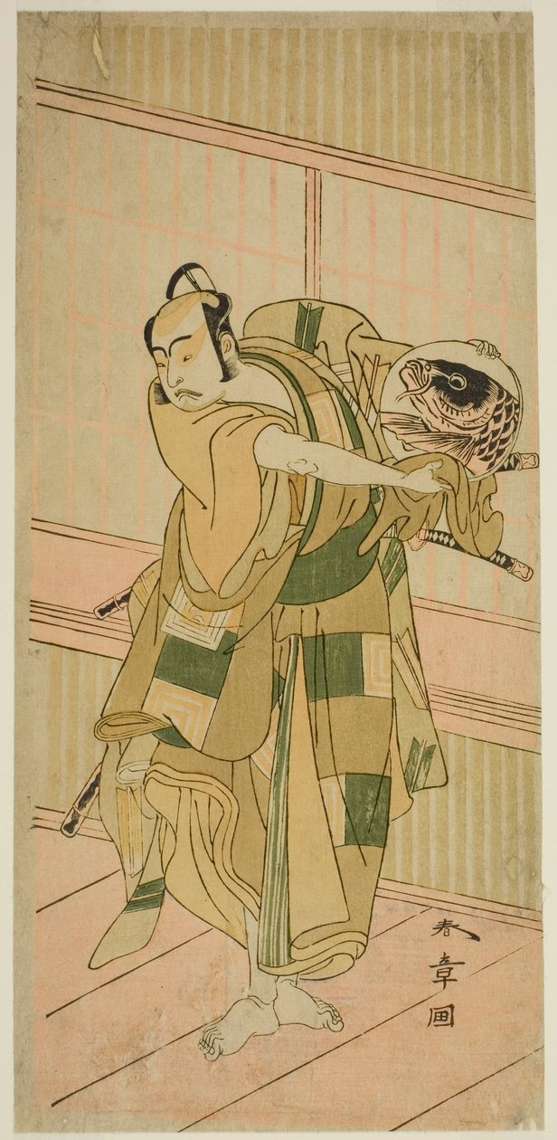 Näyttelijä Ichikawa Yaozo II Ashikaga Motoujina Naamioitunut Katagiri Yashichiksi näytelmässä Oyoroi Ebido Shinozuka, joka esitettiin Nakamura-teatterissa yhdestoista kuukaudessa, 1772 tekijältä Katsukawa Shunsho