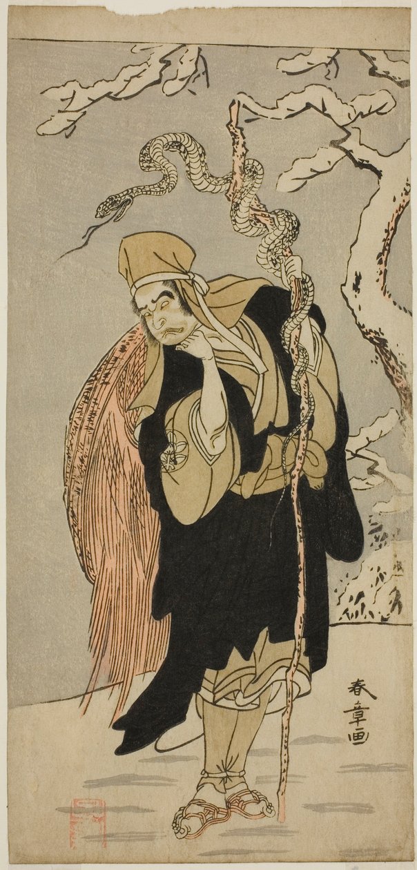 Näyttelijä Ichimura Uzaemon IX Aza-maruna näytelmässä Yui Kanoko Date-zome Soga, esitettiin Ichimura-teatterissa ensimmäisenä kuukautena, 1774 tekijältä Katsukawa Shunsho