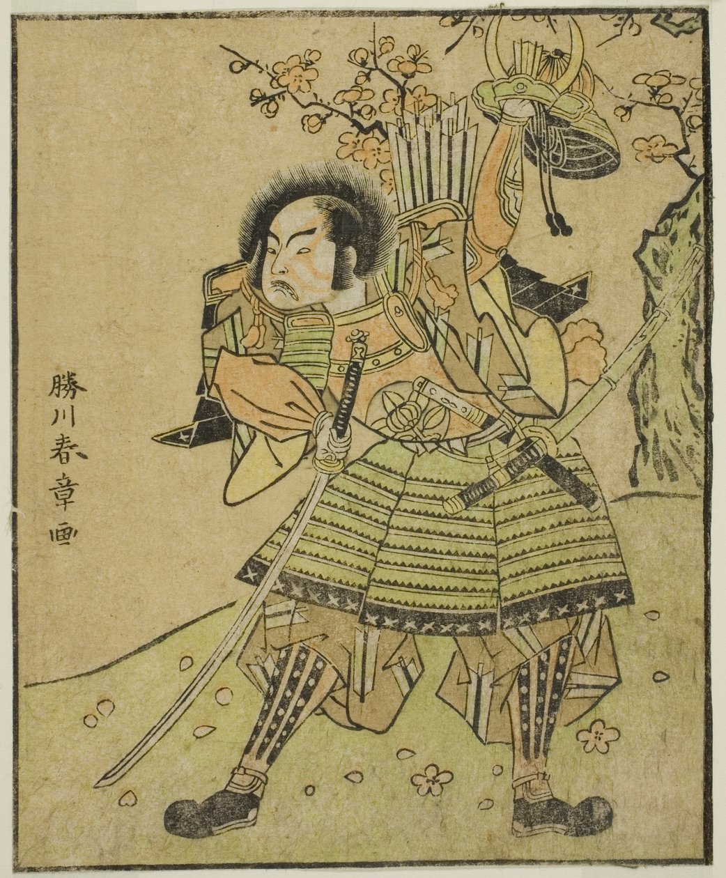 Näyttelijä Ichimura Uzaemon IX Kajiwara Genta no Kagetokina (?), näytelmässä Myoto-giku Izu no Kisewata, esitettiin Nakamura-teatterissa yhdestoista kuukaudessa, 1770 tekijältä Katsukawa Shunsho