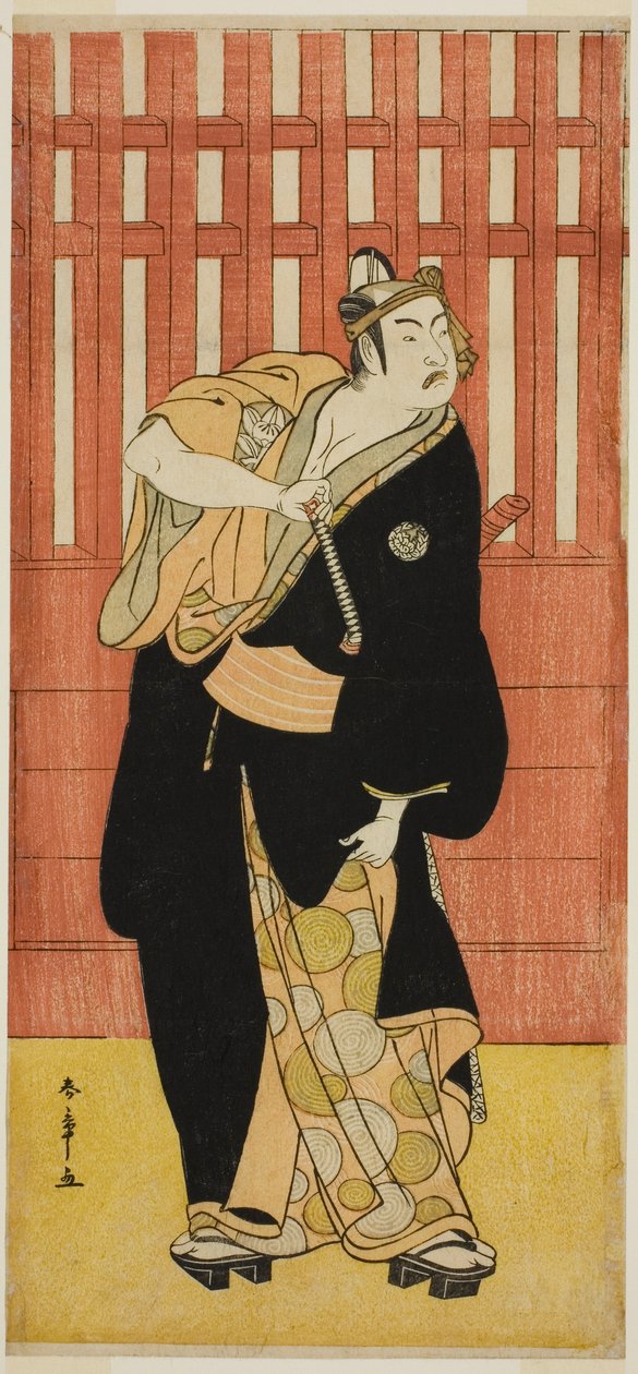 Näyttelijä Ichimura Uzaemon IX Soga no Goro Tokimunena Naamioituna Agemaki no Sukerokuksi näytelmässä Sukeroku Yukari no Edo-zakura, esitettiin Ichimura-teatterissa viidennessä kuussa, 1782 tekijältä Katsukawa Shunsho