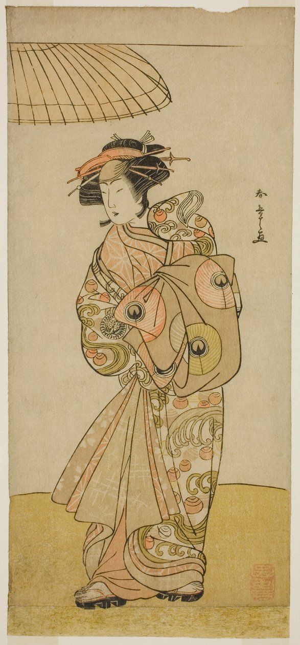 Näyttelijä Ikushima Daikichi III kurtisaani Naniwazuna näytelmässä Saki Masuya Ume no Kachidoki, joka esitettiin Ichimura-teatterissa yhdestoista kuukaudessa, 1777 tekijältä Katsukawa Shunsho