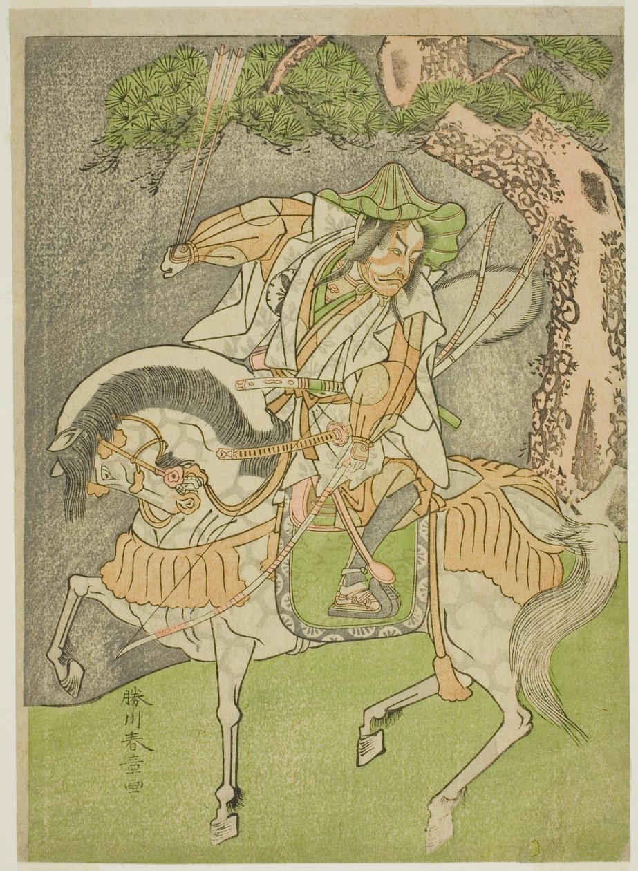 Näyttelijä Matsumoto Koshiro II Kagekiyona Naamioitunut Omi Yawatanosukeksi näytelmässä Haru wa Soga Akebono-zoshi, esitettiin Nakamura-teatterissa ensimmäisenä kuukautena, 1772 tekijältä Katsukawa Shunsho
