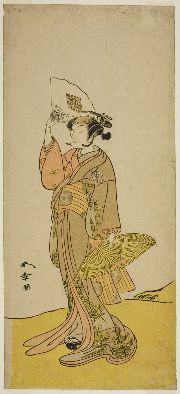 Näyttelijä Nakamura Matsue I Kasaya Sankatsuna (?) näytelmässä Hana no Gosho Konegen Butai (?), joka esitettiin Nakamura-teatterissa (?) kahdeksannessa kuukaudessa, 1772 (?) tekijältä Katsukawa Shunsho
