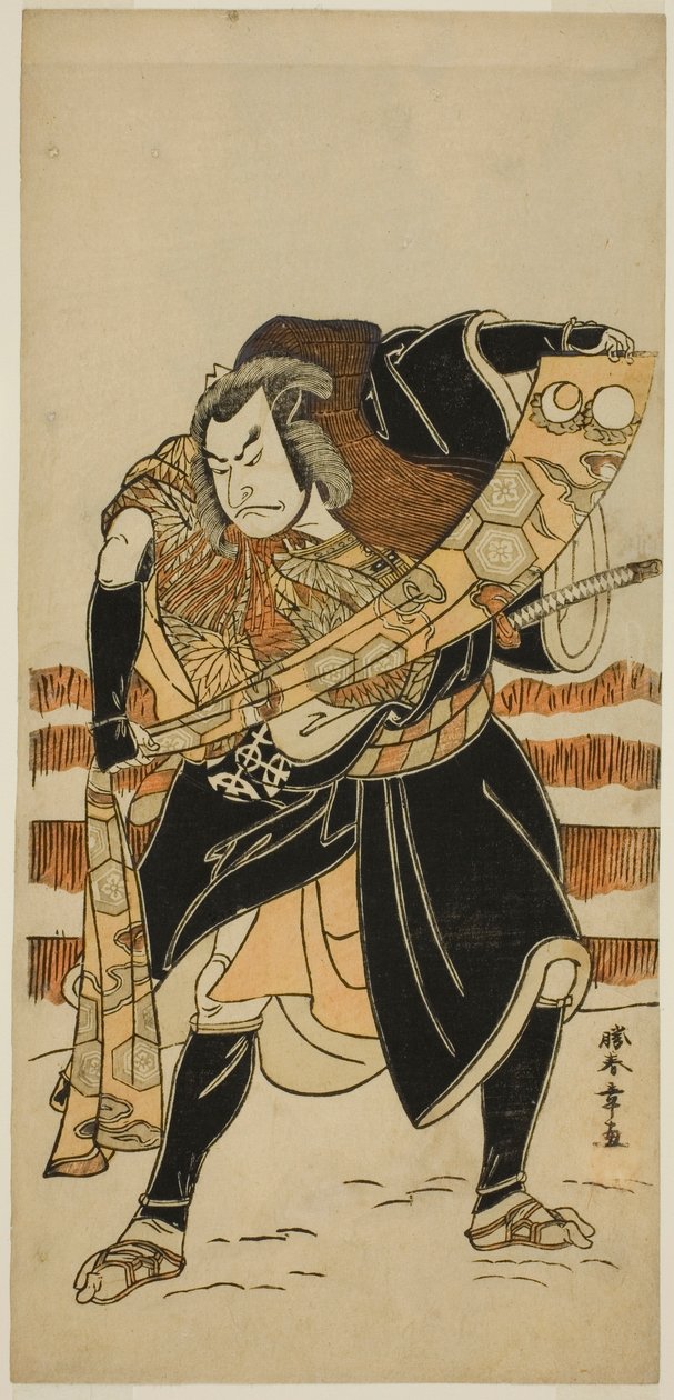 Näyttelijä Nakamura Nakazo I Abe no Sadatona (?) näytelmäpäivämäärässä Nishiki Tsui no Yumitori (?), joka esitettiin Morita-teatterissa (?) yhdestoista kuukaudessa, 1778 (?) tekijältä Katsukawa Shunsho