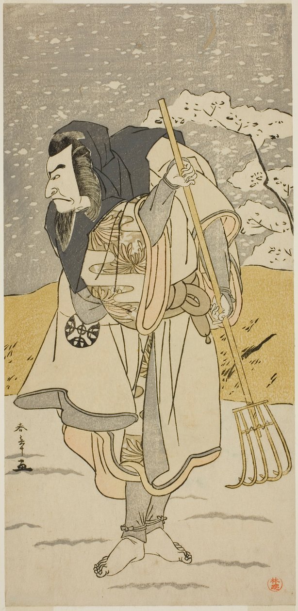 Näyttelijä Nakamura Nakazo I Akugenda Yoshirana naamioitunut pyhiinvaeltajaksi näytelmässä Chigo Torii Tobiiri Kitsune, joka esitettiin Ichimura-teatterissa yhdestoista kuukaudessa, tekijältä Katsukawa Shunsho