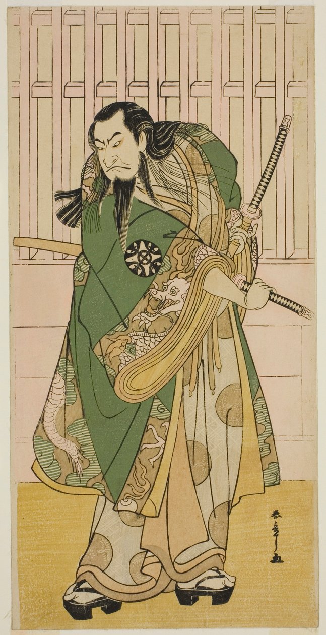 Näyttelijä Nakamura Nakazo I Hige no Ikyu -näytelmässä Nanakusa Yosooi Soga, esitettiin Nakamura-teatterissa viidennessä kuussa, 1782 tekijältä Katsukawa Shunsho