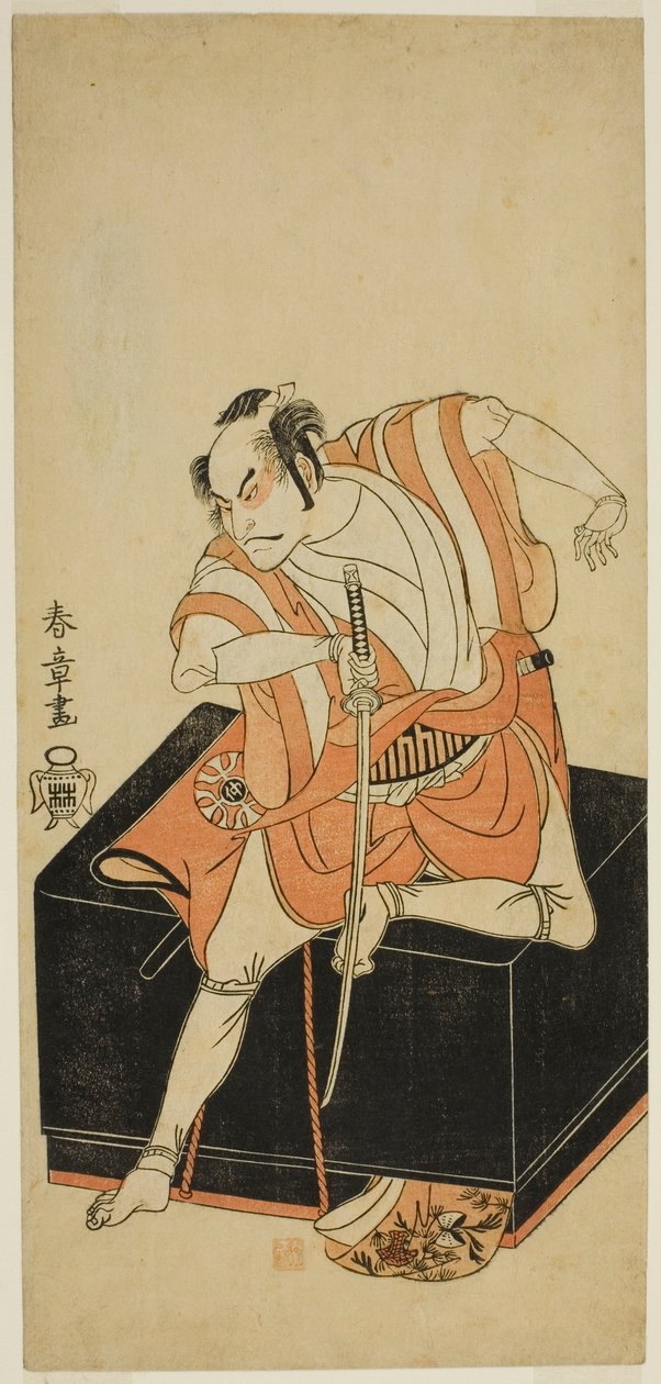 Näyttelijä Nakamura Nakazo I Izu no Jirona Naamioitunut Kemmaku no Sabuksi näytelmässä Edo-zakura Sono Omokage, joka esitettiin Nakamura-teatterissa viidennessä kuussa, tekijältä Katsukawa Shunsho
