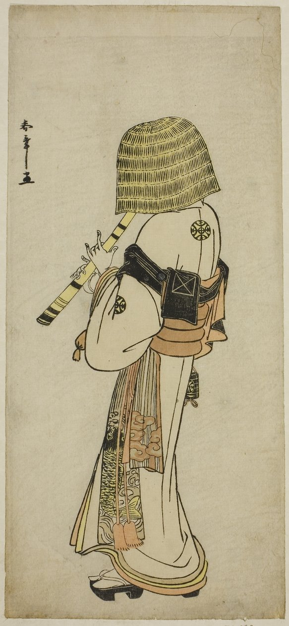 Näyttelijä Nakamura Nakazo I Kakogawa Honzon roolissa Komuso-asussa näytelmässä Kanadehon Chushingura, n. 1783 (värillinen puupainatus; hosoban) tekijältä Katsukawa Shunsho