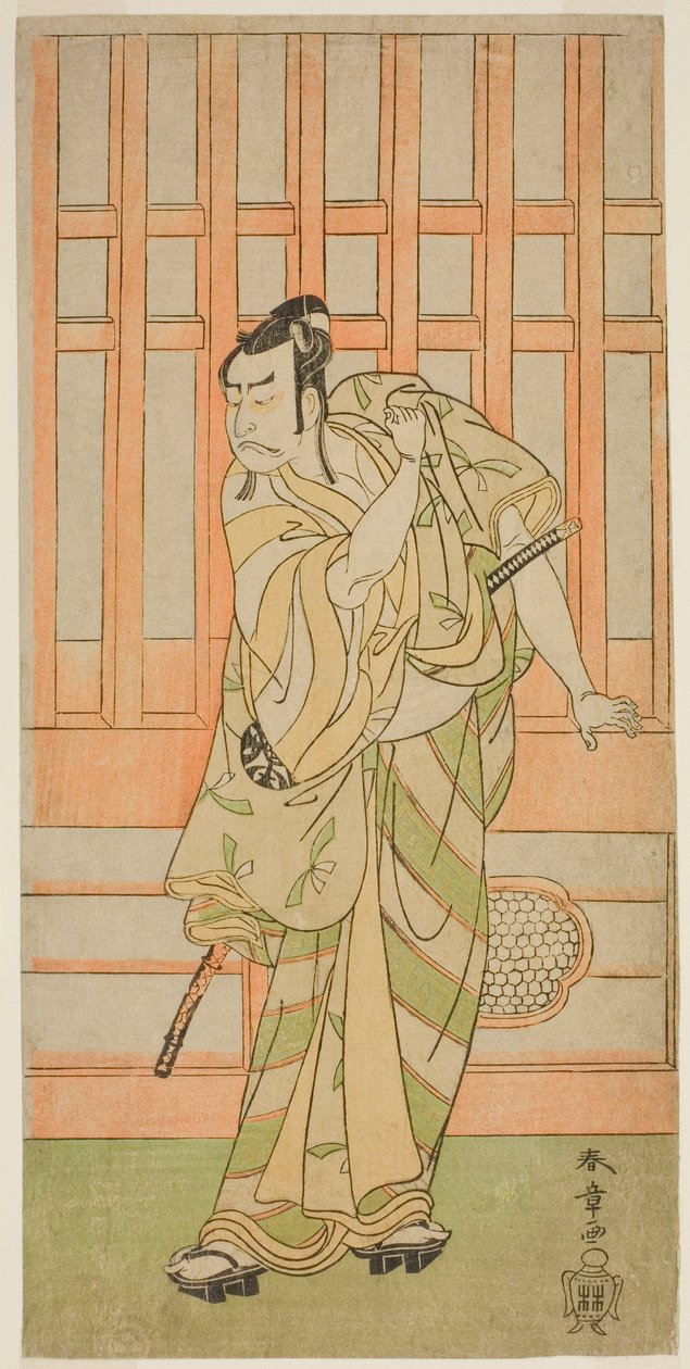 Näyttelijä Nakamura Nakazo I Kudo Saemon Suketsunena (?) näytelmässä Sakai-cho Soga Nendaiki (?), joka esitettiin Nakamura-teatterissa (?) ensimmäisenä kuukautena, 1771 (?) tekijältä Katsukawa Shunsho