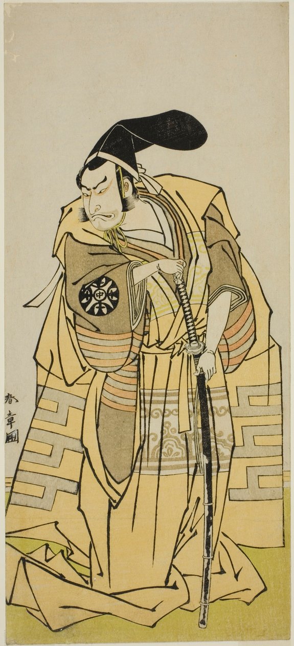 Näytelmä Iro Moyo Aoyagi Soga (?) esitetään Nakamura-teatterissa toisessa kuussa, 1775 (?) tekijältä Katsukawa Shunsho