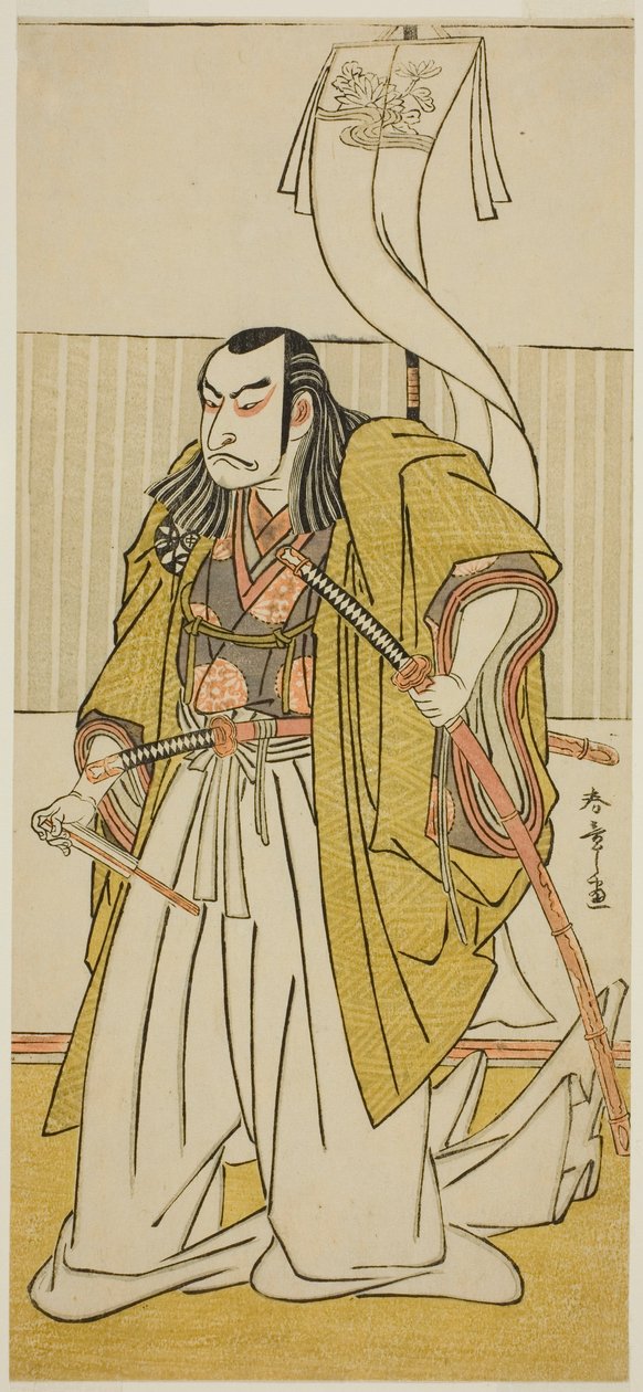 Näyttelijä Nakamura Nakazo I Kusunoki Masayukina Naamioituna Uji no Joetsuksi näytelmässä Go Taiheiki Shirishi-banashi, joka esitettiin Morita-teatterissa neljännessä kuukaudessa, 1780 tekijältä Katsukawa Shunsho