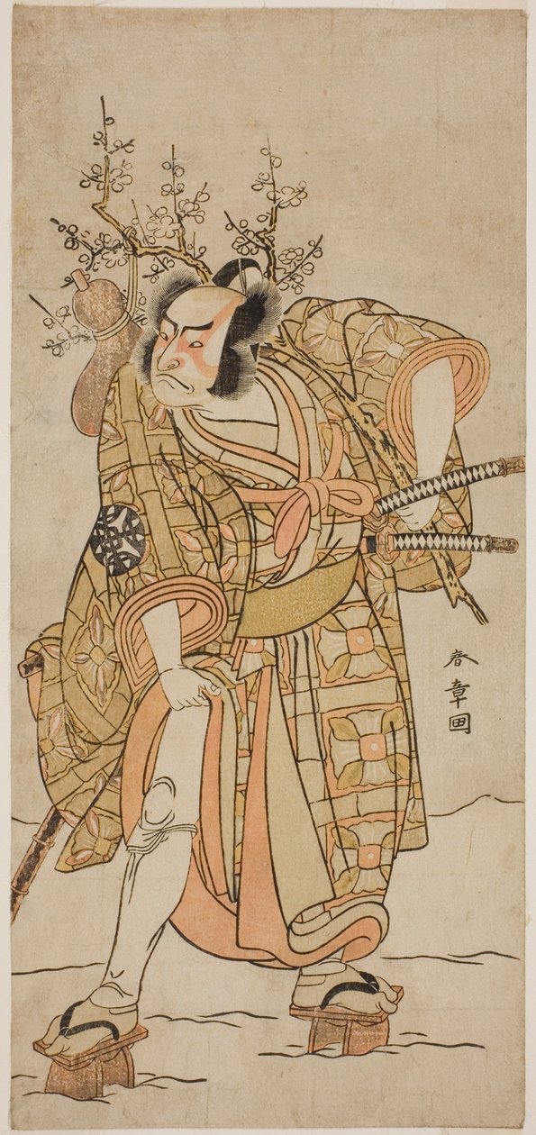 Näyttelijä Nakamura Nakazo I Matano no Goron roolissa näytelmässä Hana-zumo Genji Hiiki, esitettiin Nakamura-teatterissa yhdestoista kuukaudessa, 1775 tekijältä Katsukawa Shunsho