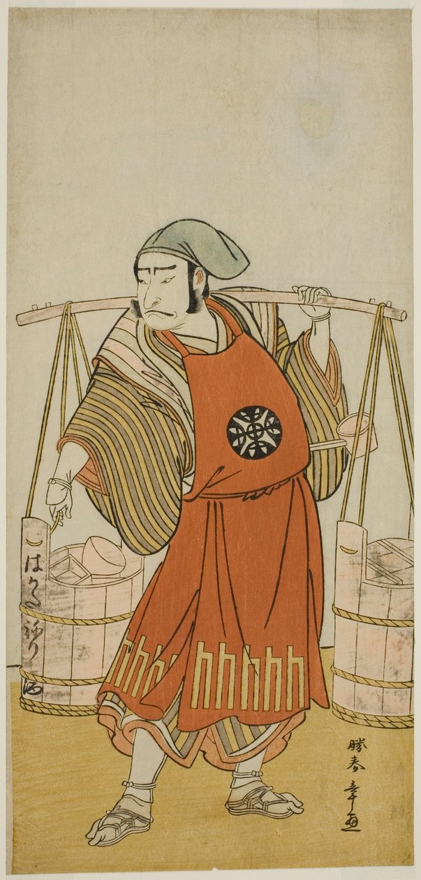 Näyttelijä Nakamura Nakazo I Nagasaki Kageyuzaemonina naamioitunut Gorohachi-sakemyyjäksi näytelmässä Hikitsurete Yagoe Taiheiki, joka esitettiin Morita-teatterissa yhdestoista kuukaudessa, 1776 tekijältä Katsukawa Shunsho